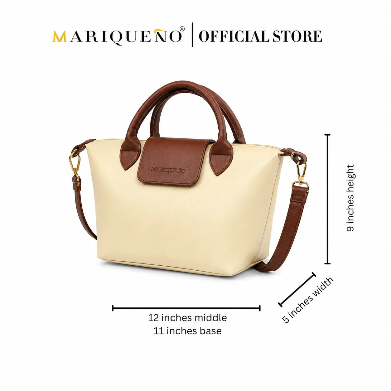 Three handbags in navy blue, black, and moss green with measurements on a white background, branded as Mariqueno.
#color_cream