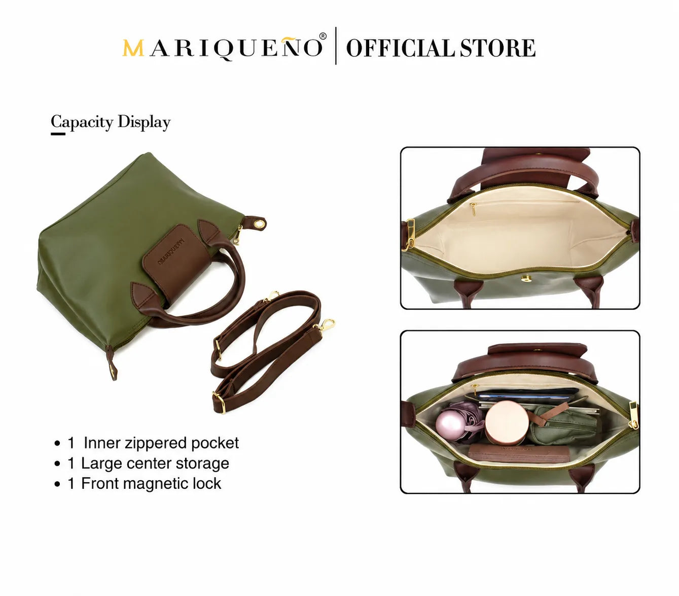 Green handbag with brown accents displayed on a white background, featuring text about capacity and features.
#color_green
