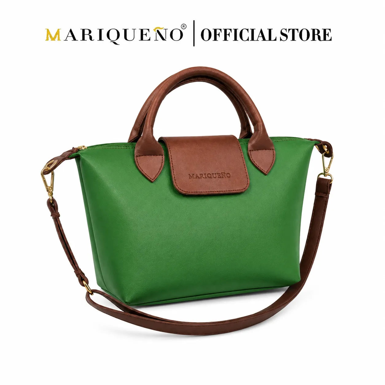 Green handbag with brown leather accents on a white background, featuring the Mariqueno brand.
#color_emerald green