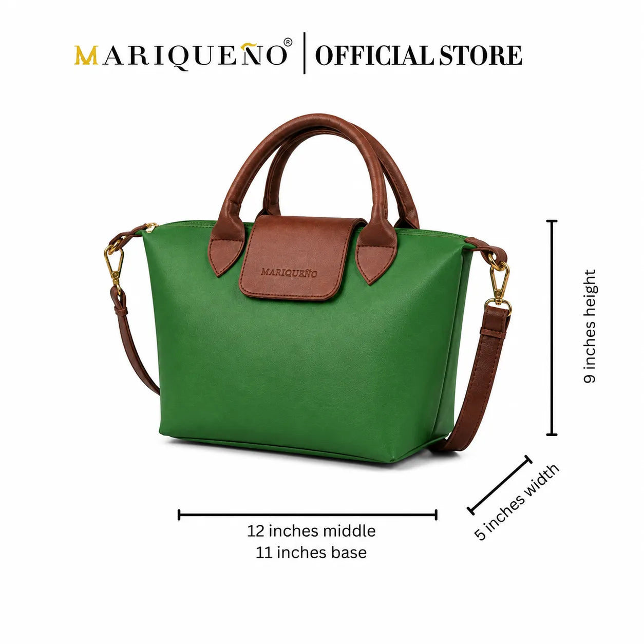 Green handbag with brown accents and Marquéno branding, shown with measurements on a white background.
#color_emerald green
