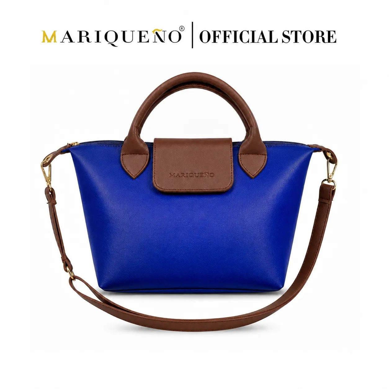 Blue handbag with brown handles and strap on a white background, featuring the Mariqueno brand.
#color_royal blue