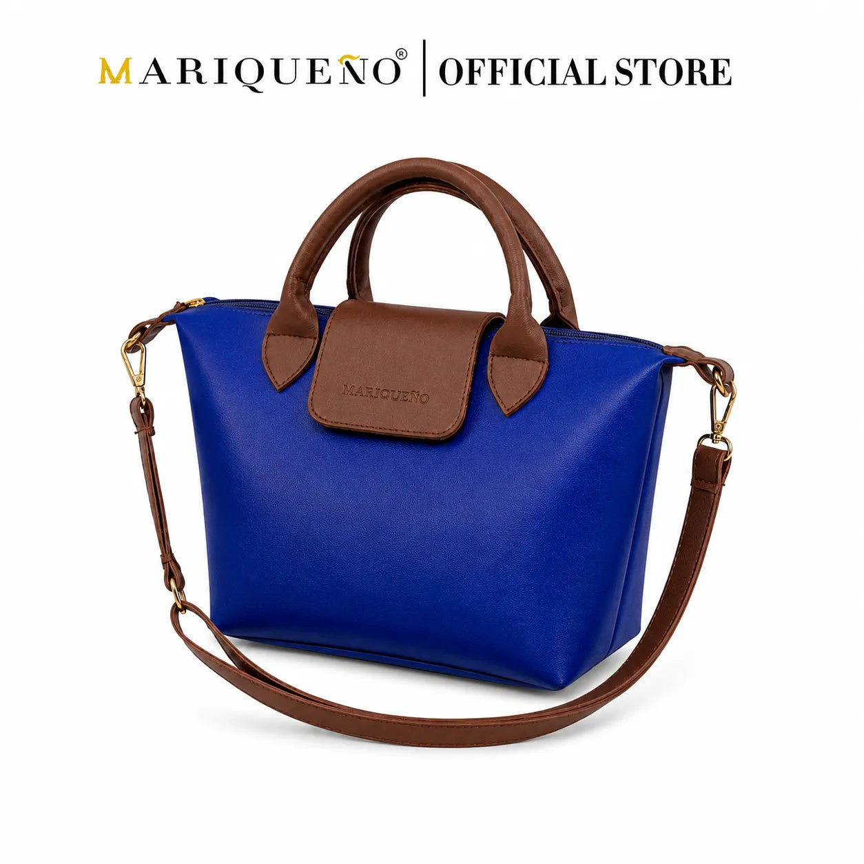 Blue handbag with brown handles and strap on a white background, featuring the Mariqueno brand.
#color_royal blue