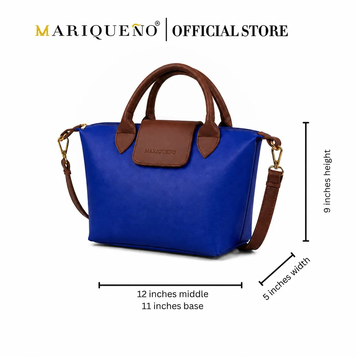 Blue handbag with brown accents and measurements on a white background, featuring the Mariqueno brand.
#color_royal blue