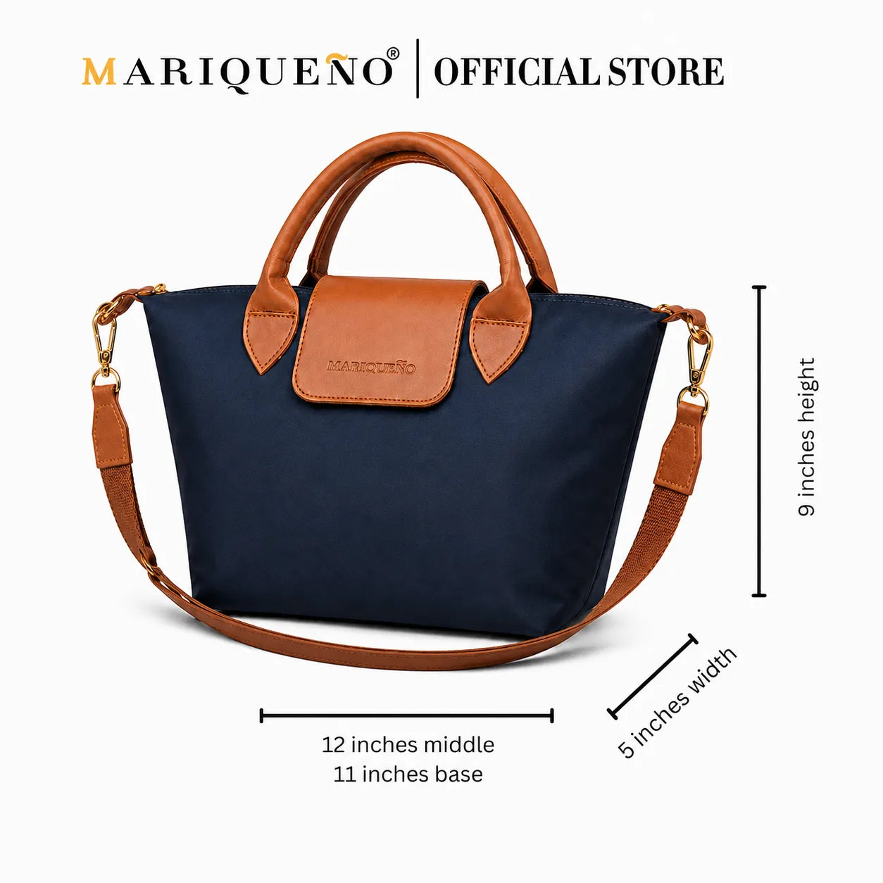 A navy blue and brown handbag with a shoulder strap, shown on a white background with dimension lines and text indicating height, width, and middle depth. The Mariqueno brand name is visible at the top and embossed on the front flap.
#color_navy blue
