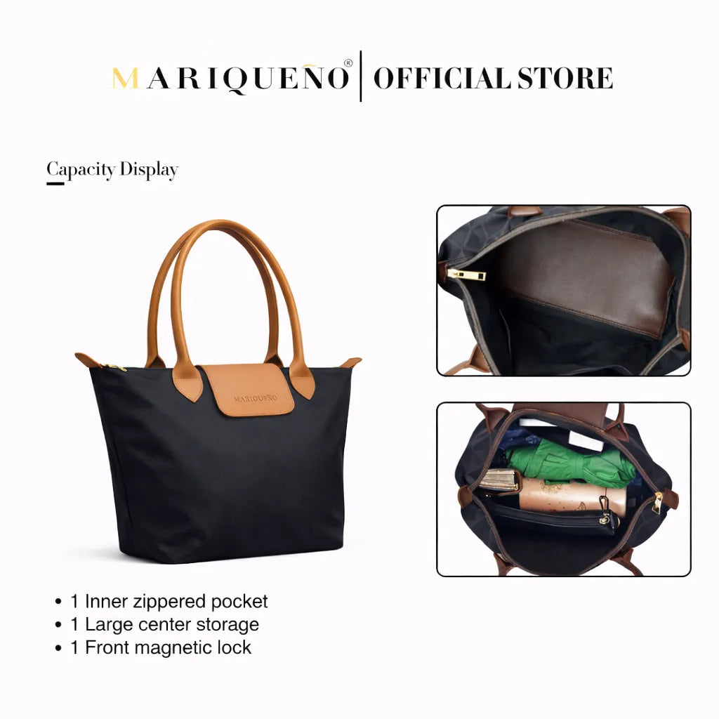 Black handbag with brown handles and accents, featuring capacity display text and images.
#color_black