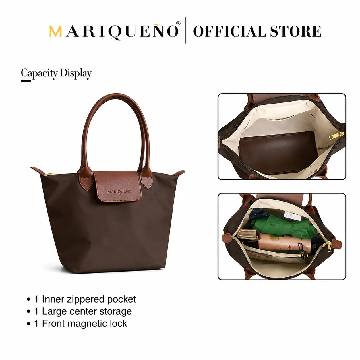 Brown handbag with features highlighted, including an inner zipped pocket and large center storage, on a white background.
#color_choco brown