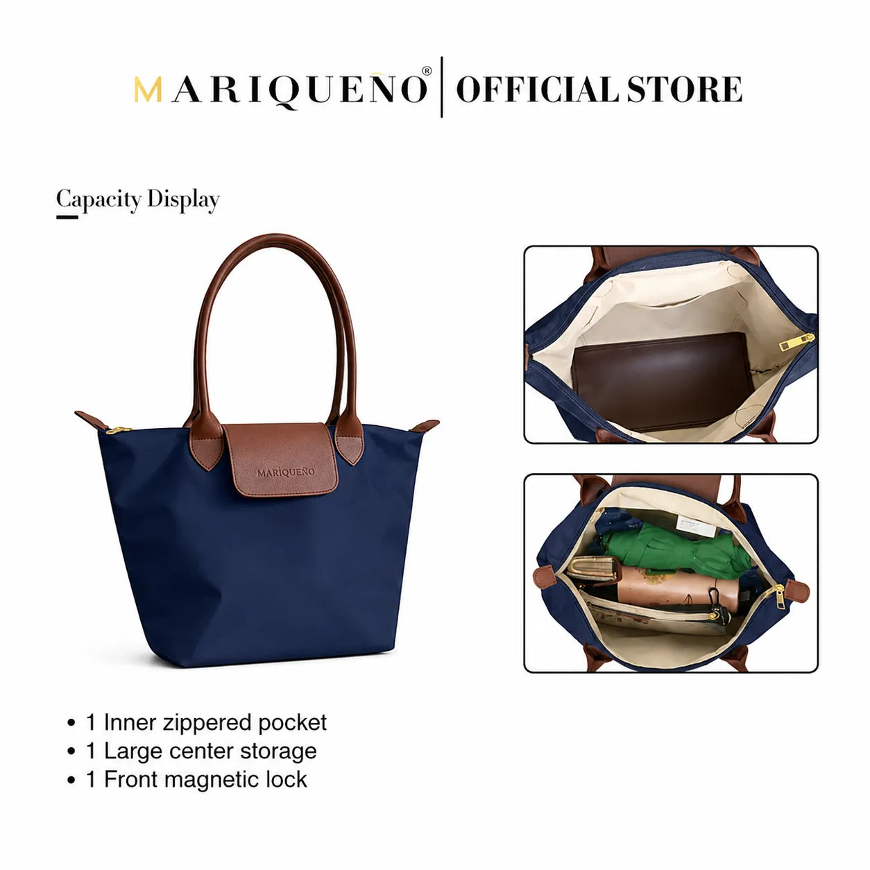 Blue handbag with brown handles and interior details, displayed by Mariqueno Official Store.
#color_navy blue