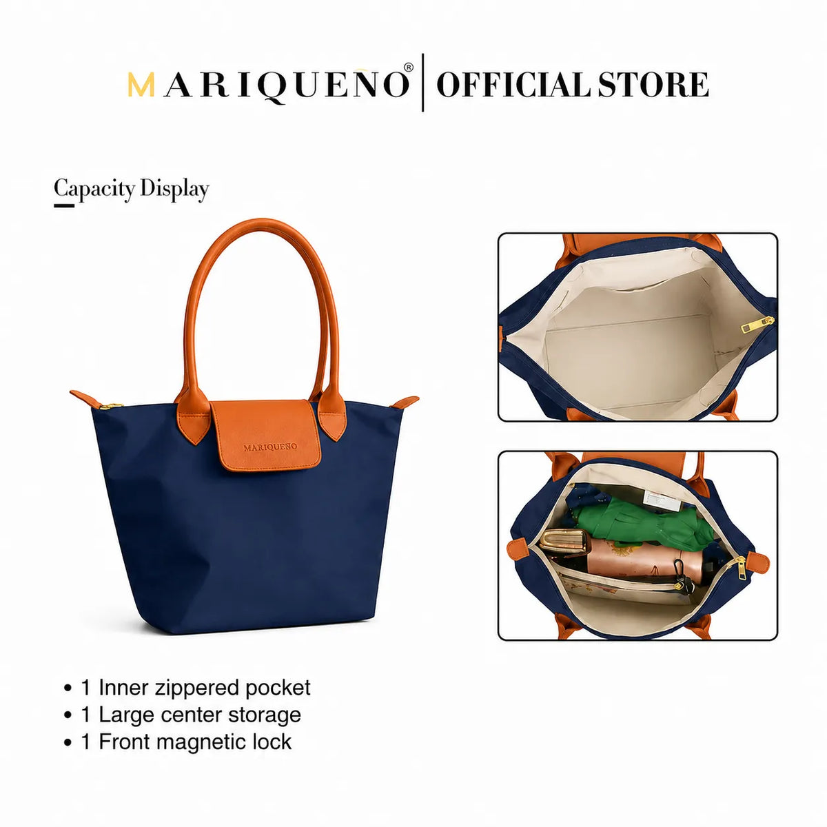 Navy blue tote bag with tan brown leather handles and trim, shown on a white background with feature callouts and two inset views of the interior compartments. The top text reads 'MARIQUENO | OFFICIALSTORE'.
#color_navy blue and tan