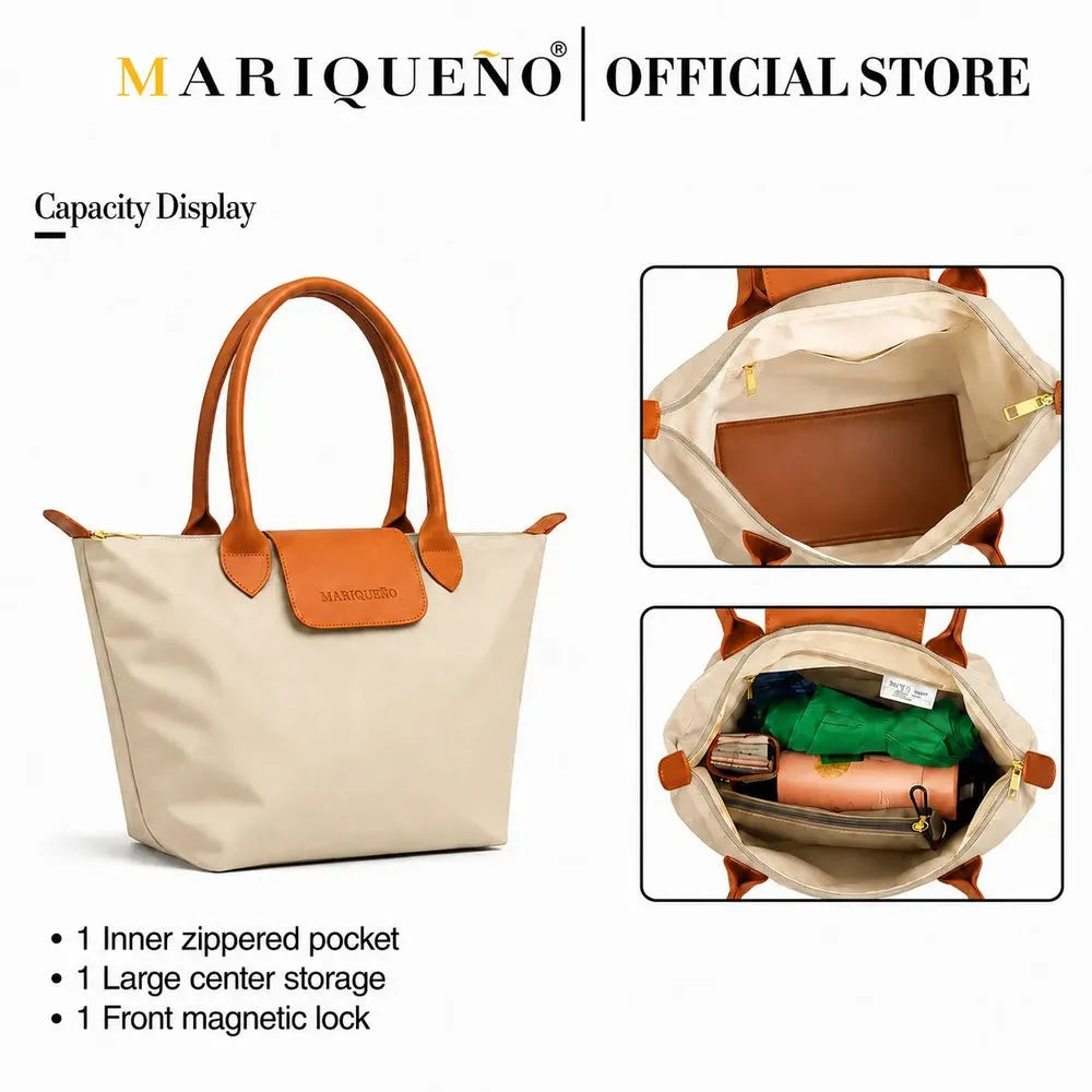 Taupe handbag with brown handles and trim, showing interior and capacity features, on a white background.
#color_taupe
