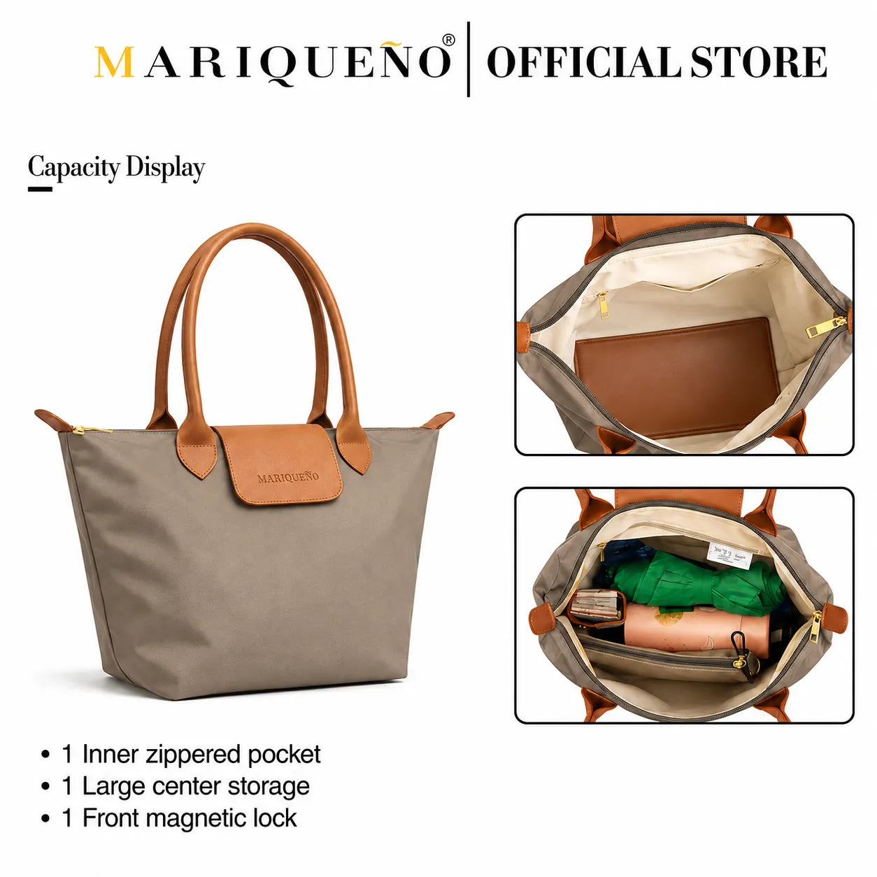 Taupe handbag with brown handles and trim, showing interior and capacity features, on a white background.
#color_taupe