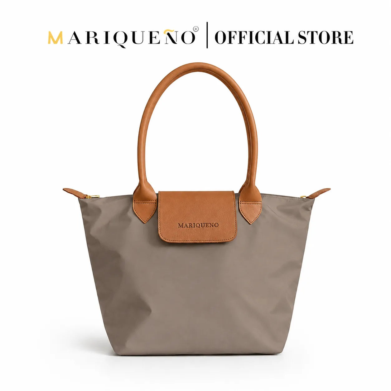 Taupe handbag with brown handles and accents on a white background, featuring the Mariqueno brand.
#color_taupe