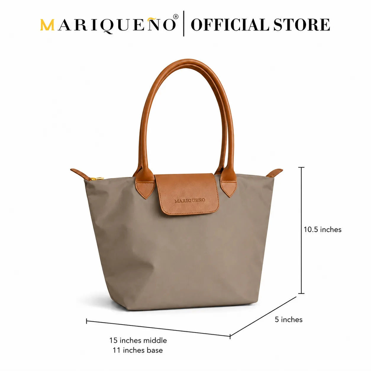 Taupe handbag with brown handles and a patch, displayed with dimensions on a white background, branded as Mariqueno.
#color_taupe