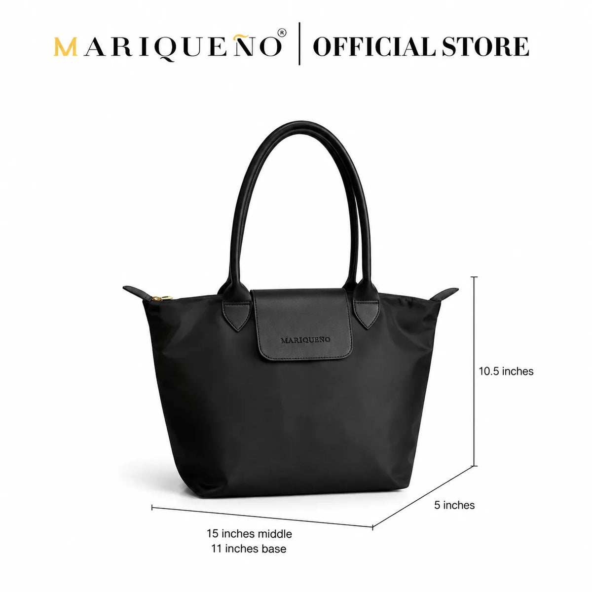 Black tote bag with dual top handles and dimension annotations showing 10.5 inches height, 15 inches middle width, 5 inches depth, and 11 inches base, on a white background with MARIQUENO | OFFICIAL STORE branding.
#color_triple black