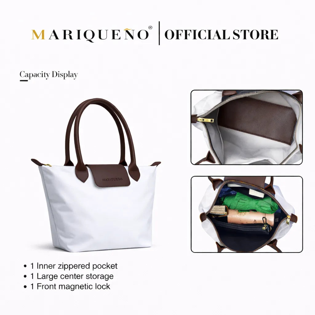 White handbag with brown handles and accents, featuring capacity display text and images on a white background.
#color_white