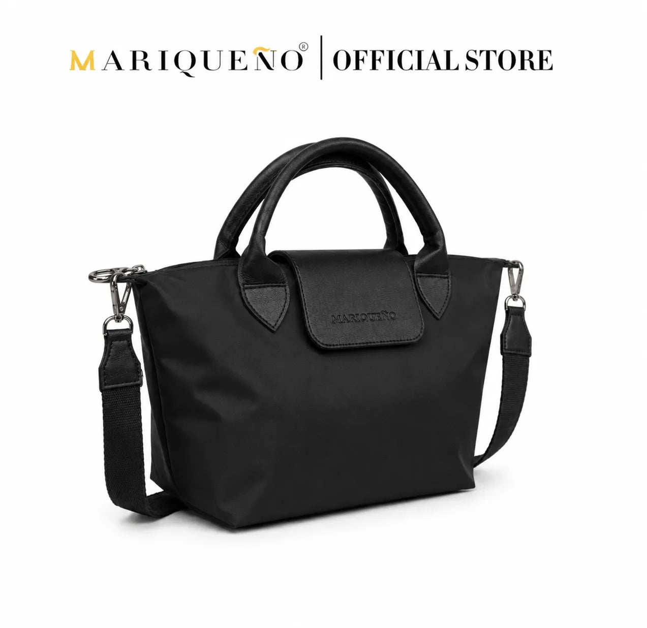 Black handbag with shoulder strap on a white background, featuring the Mariqueno brand.
#color_black