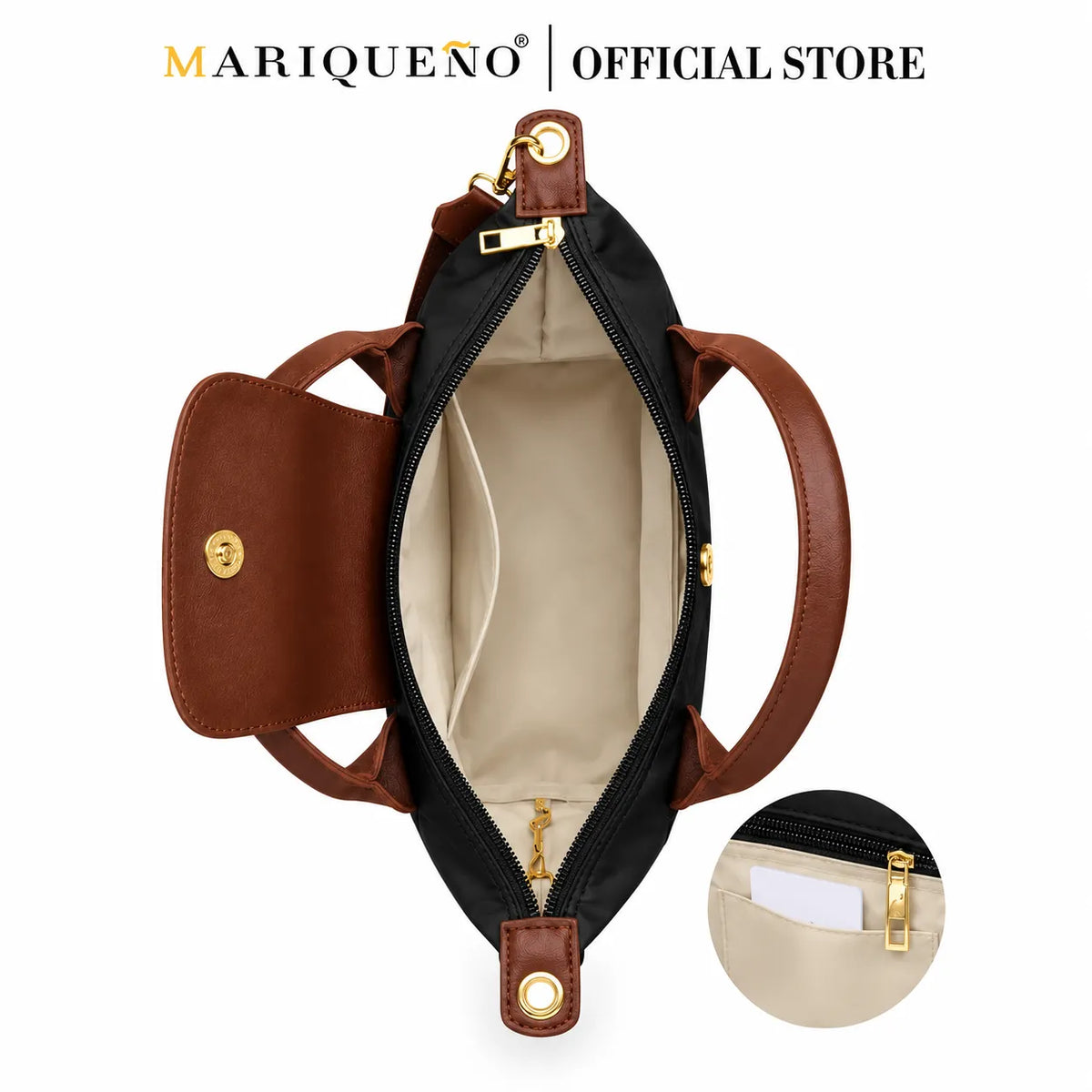 An overhead view of a brown and black handbag with gold hardware, showing its open interior, beige lining, and a circular inset detail of the zipper. The text 'MARIQUENO | OFFICIAL STORE' is displayed at the top.
#color_black and choco