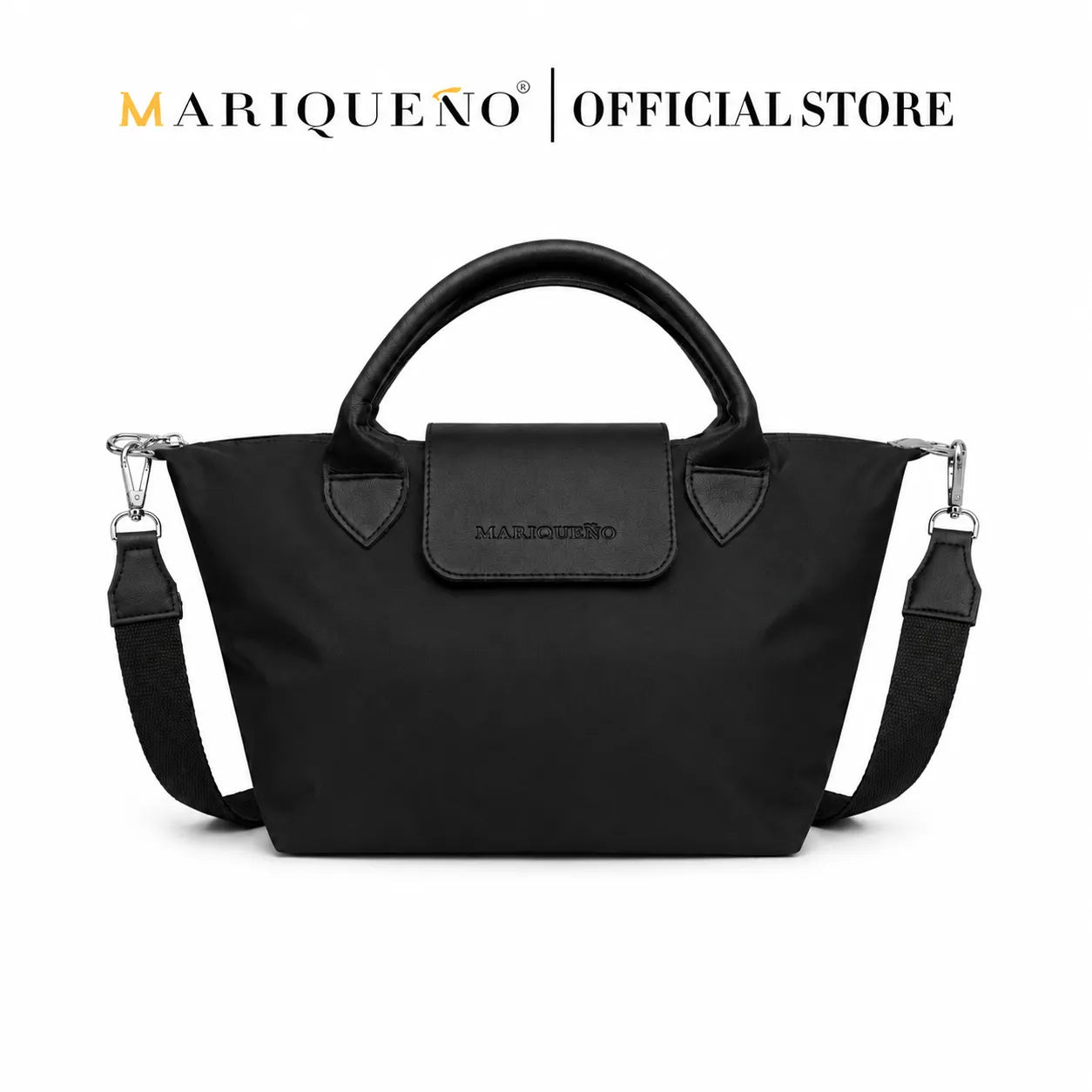 Black handbag with shoulder strap on a white background, featuring the Mariqueno brand.
#color_black