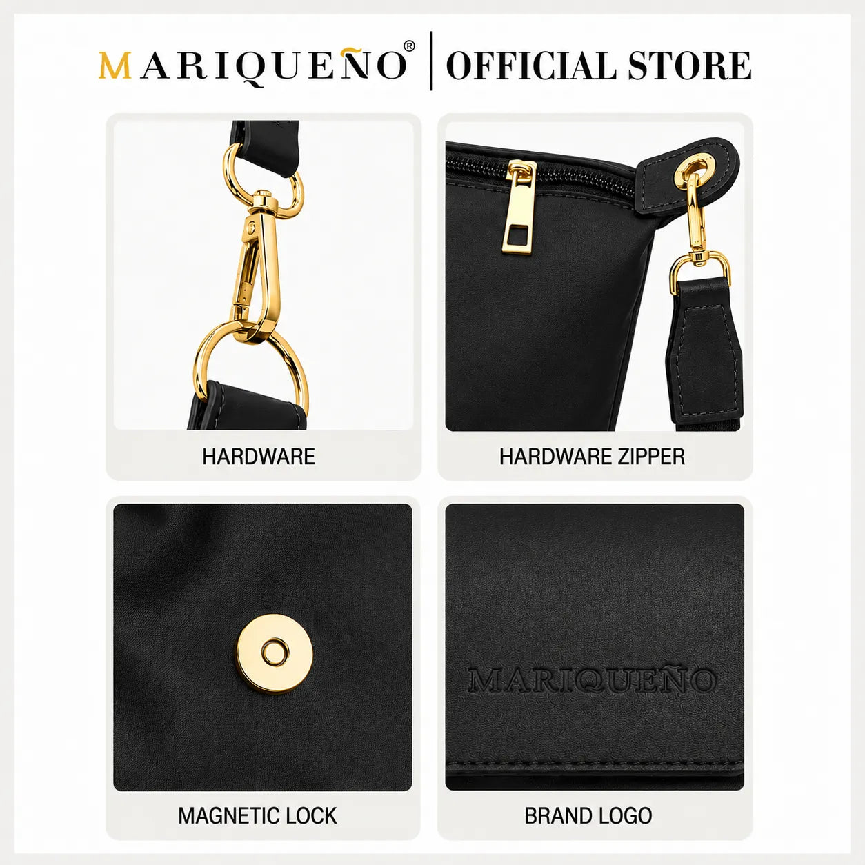 Product features of a black bag with hardware, zipper, magnetic lock, and brand logo on a white background.
#color_black