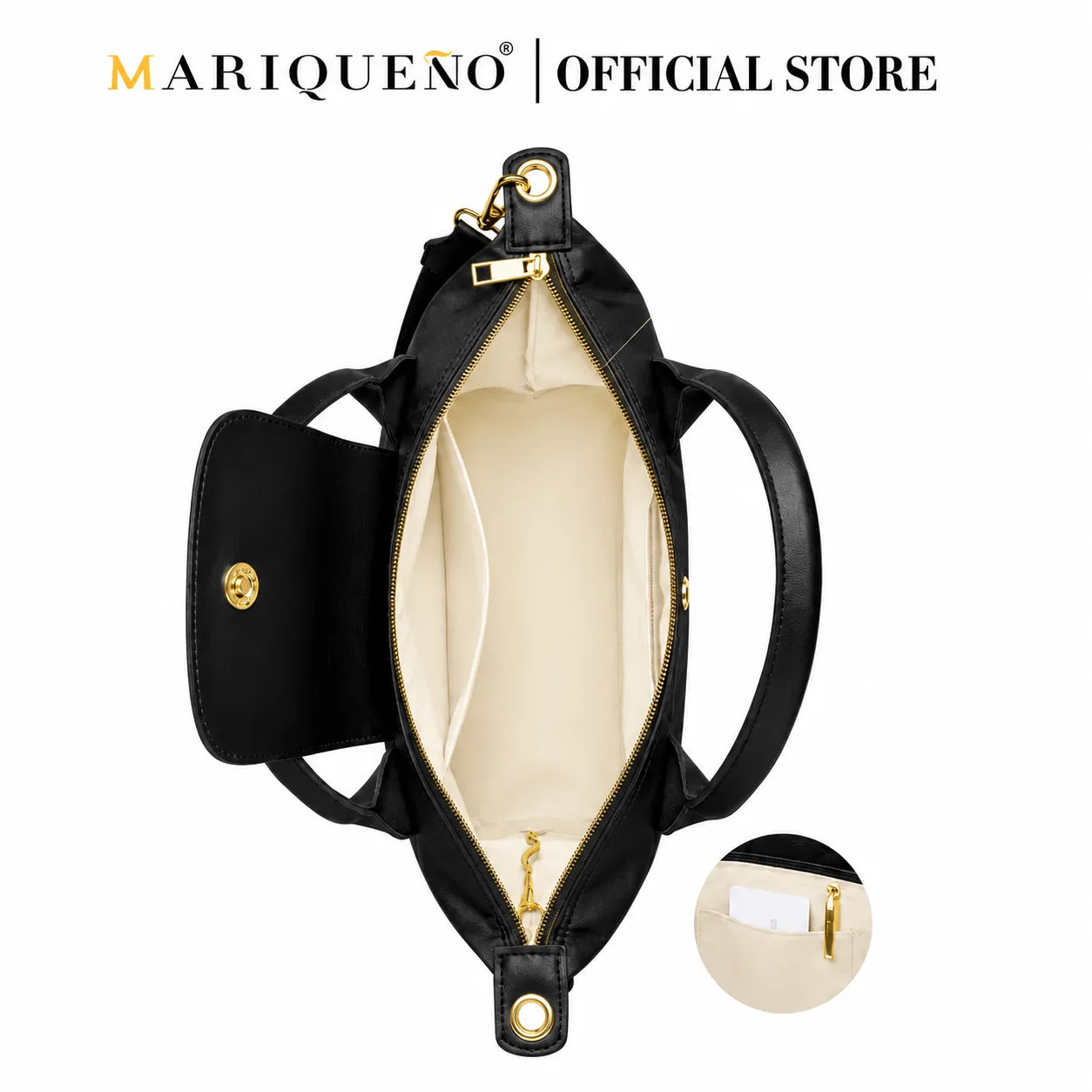 Black handbag with open design on a white background, featuring the Mariqueno brand.
#color_black