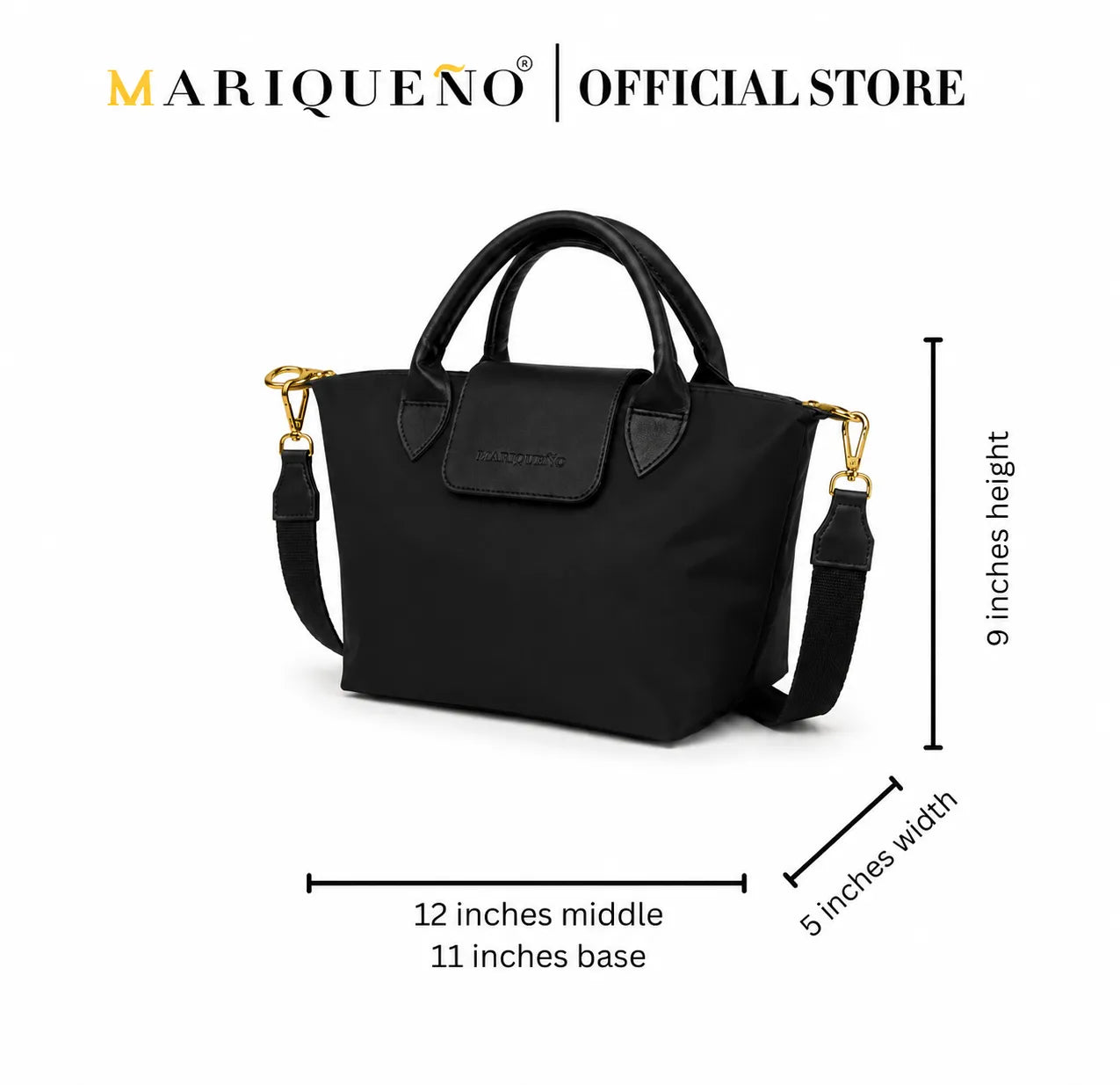Black handbag with measurements and 'Mariqueno' branding on a white background
#color_black