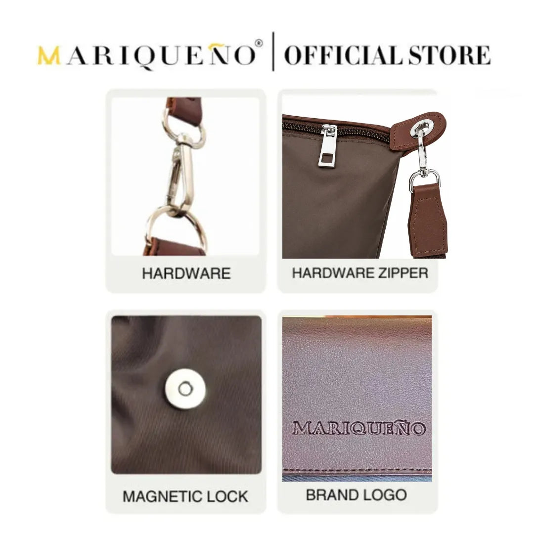 Product features of a bag with hardware, zipper, magnetic lock, and brand logo displayed on a white background.
#color_choco brown