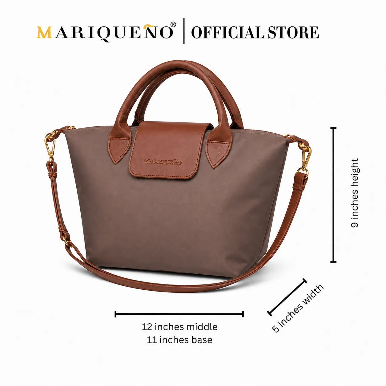 Brown handbag with measurements and 'Mariqueno' branding on a white background
#color_choco brown