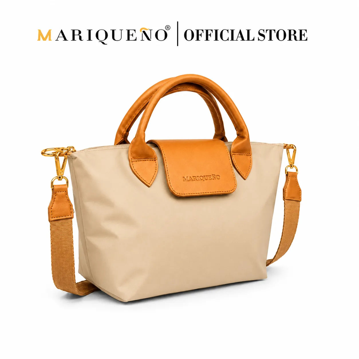 Beige handbag with brown accents and 'Mariqueno' branding on a white background
#color_taupe