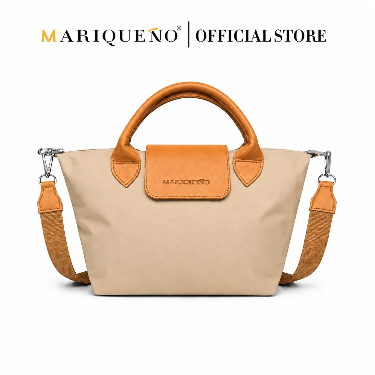 Beige handbag with brown accents and 'Mariquénó' branding on a white background
#color_taupe