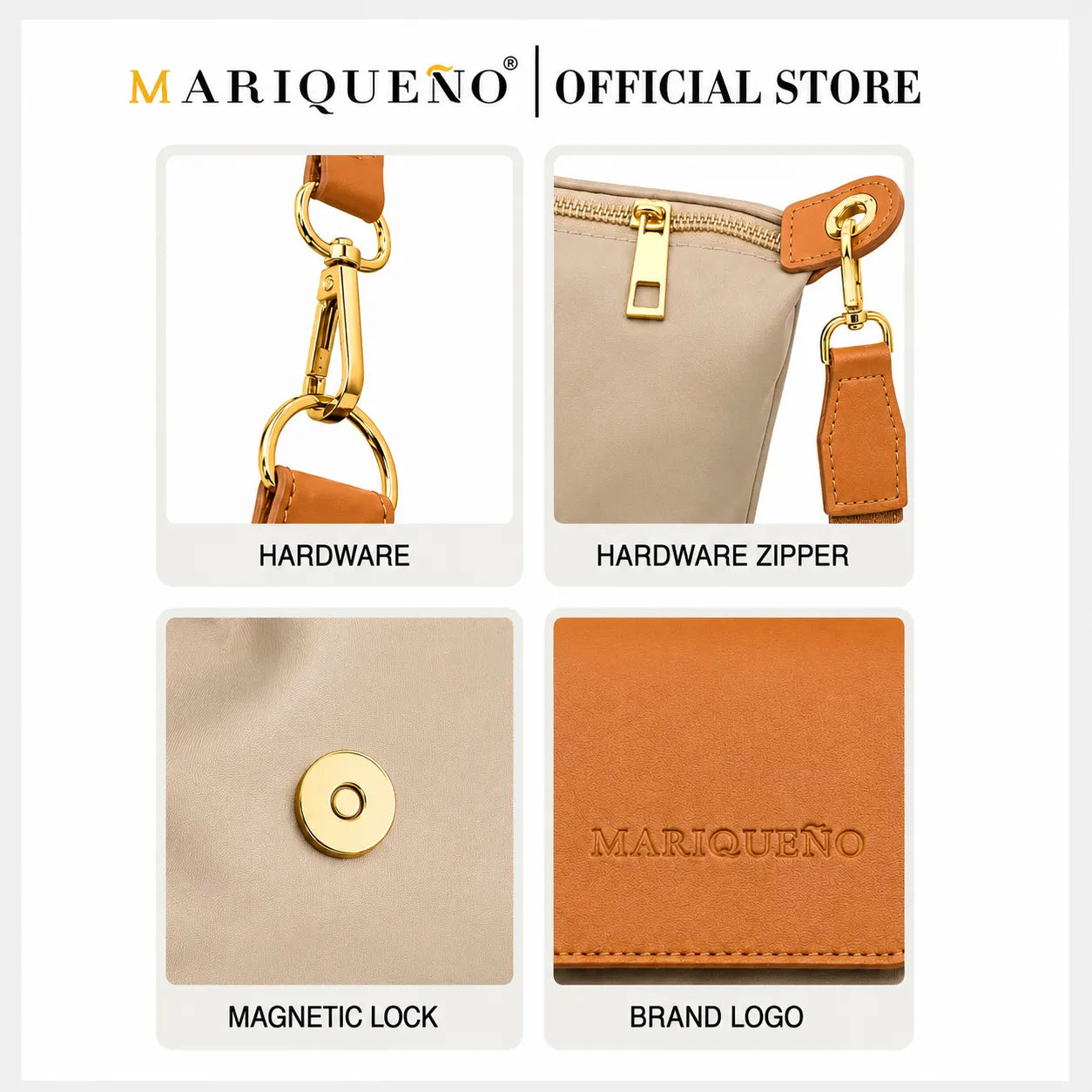 A 4-panel product feature collage for a Mariqueno wallet or pouch, showing hardware, zipper detail, magnetic snap closure, and a leather brand patch on a light gray background.
#color_taupe
