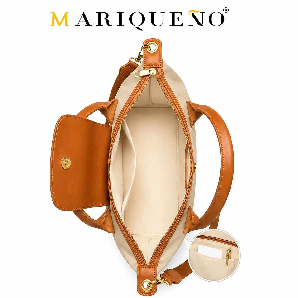 Brown leather handbag with beige interior, Mariqueno brand visible
#color_taupe