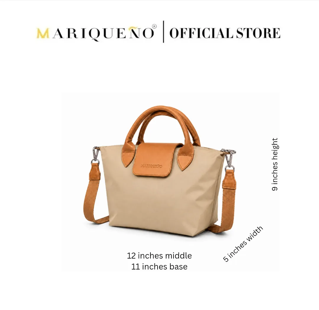 Beige handbag with brown accents and dimensions on a white background, featuring the Mariqueno brand.
#color_taupe