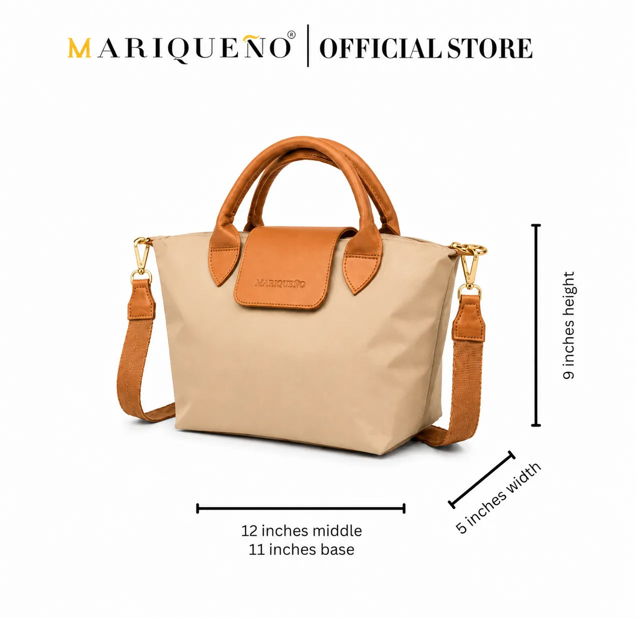 Beige handbag with brown accents and dimensions on a white background, featuring the Mariqueno brand.
#color_taupe