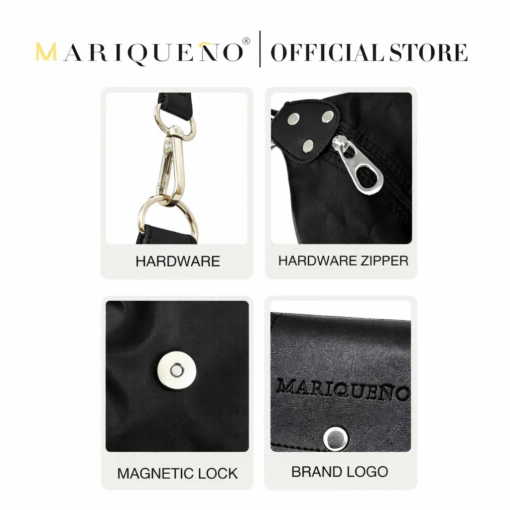 Product features of a black bag with hardware, zipper, magnetic lock, and brand logo on a white background.
#color_black