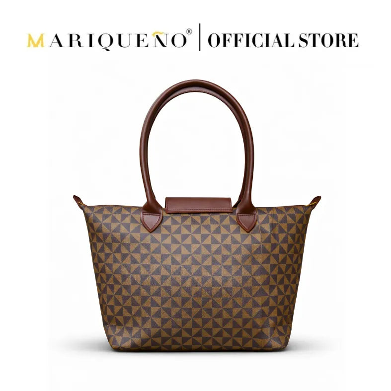 Brown patterned handbag with brown handles and a visible brand logo on a white background
#color_choco brown geo