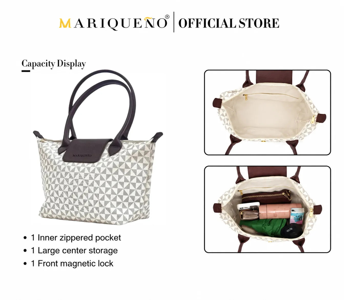 Handbag with features highlighted, including an inner zippered pocket, large center storage, and front magnetic lock, on a white background.
#color_sandstone geo