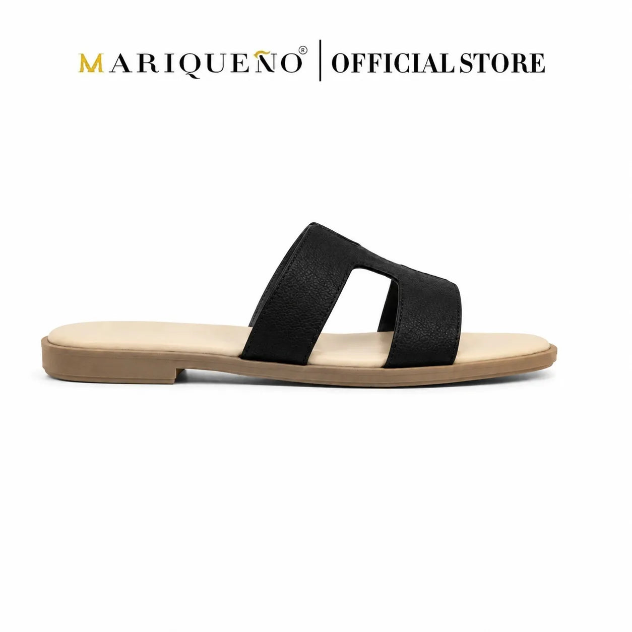 A single black slide sandal with a low beige heel and a light tan footbed, shown in profile against a white background. The brand name 'MARIQUENO | OFFICIAL STORE' is displayed at the top.

#color_black