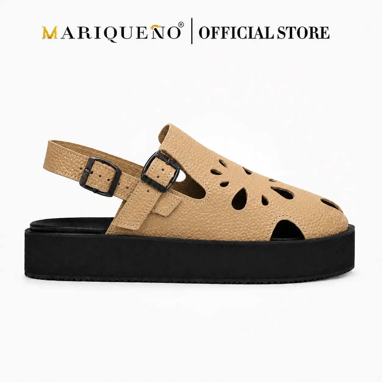 A single tan perforated leather sandal with dual buckle straps and a thick black platform sole, shown on a plain white background with the text 'MARIQUENO | OFFICIAL STORE' above.
#color_beige