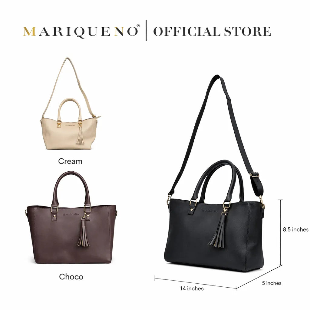 Three handbags in cream, choco, and black with measurements on a white background, branded as Mariqueno.
#color_black