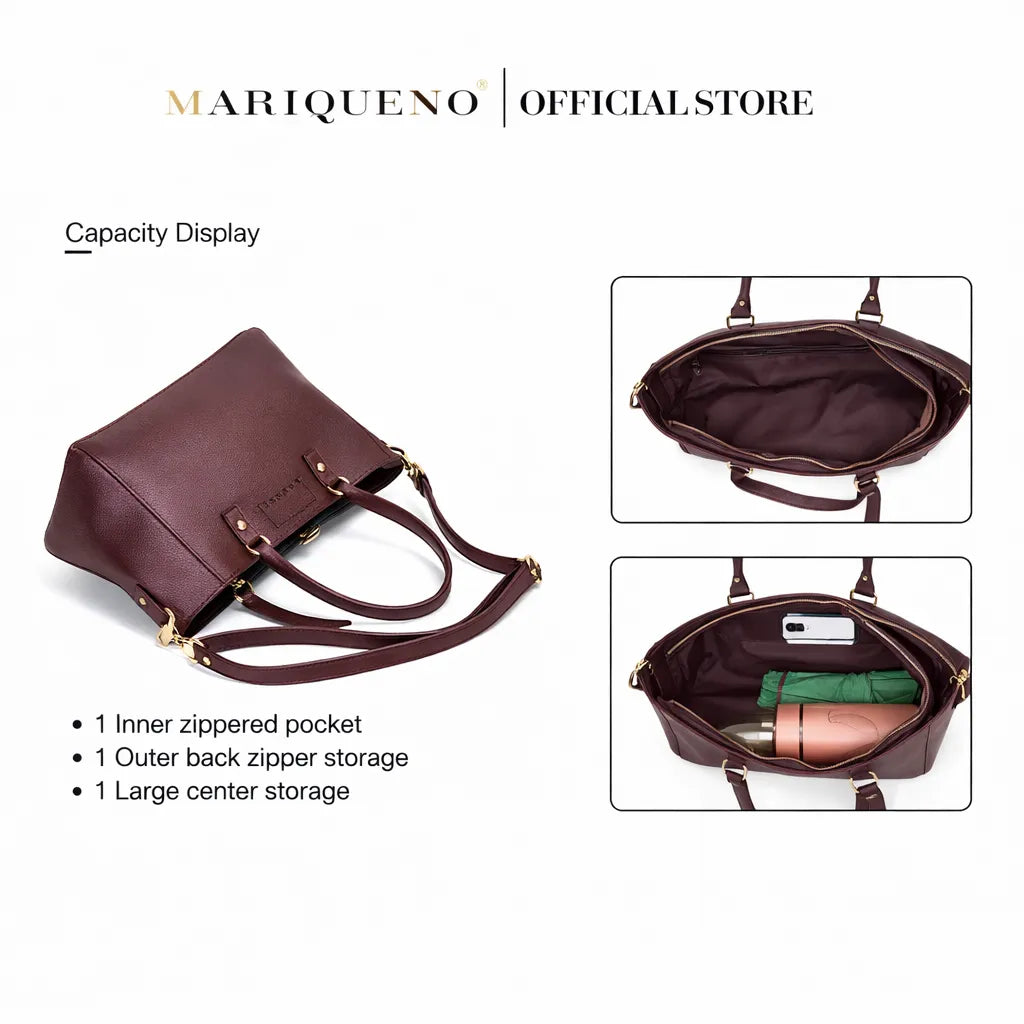 Brown handbag with storage details on a white background, featuring the Marqueño brand.
#color_choco brown
