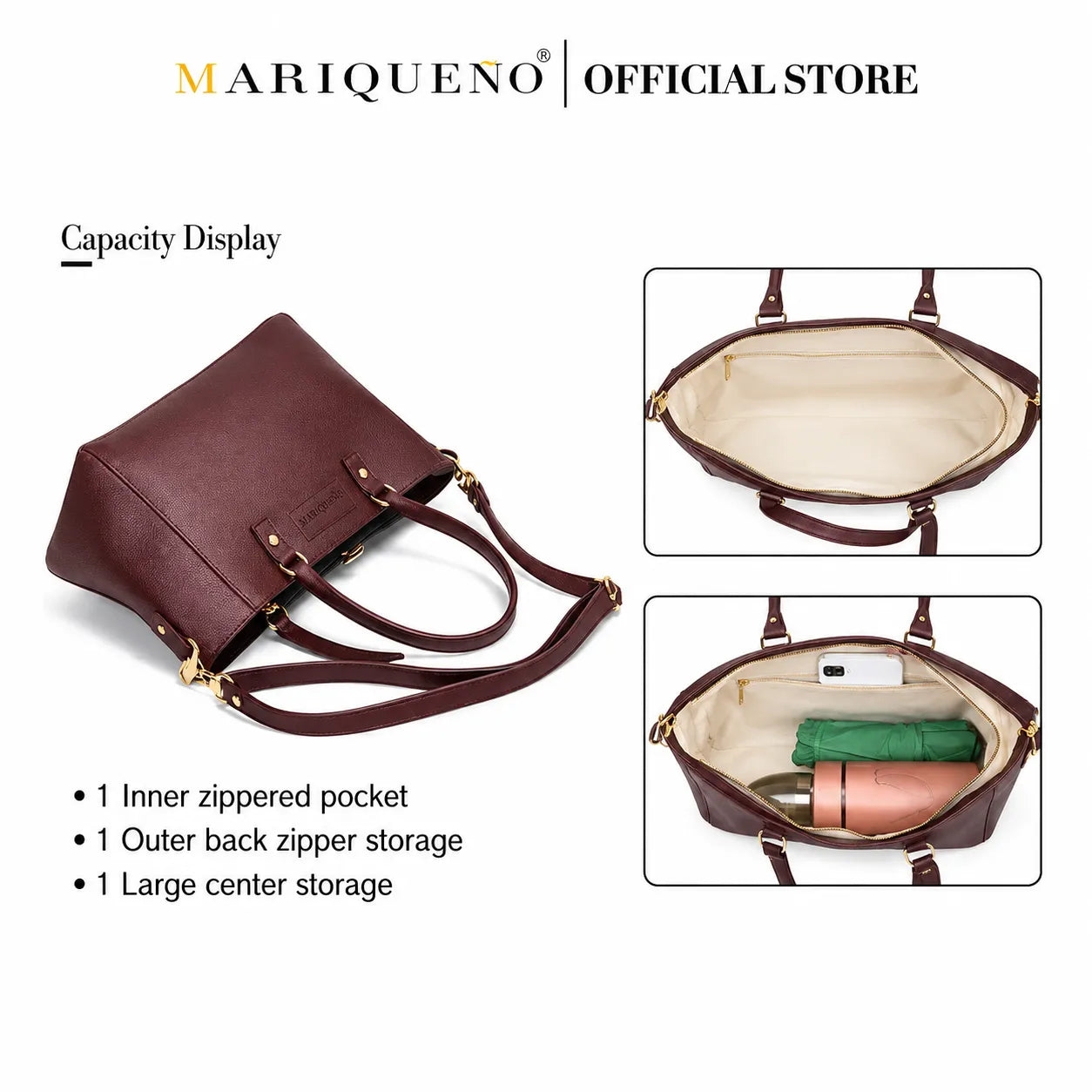 Brown handbag with storage details on a white background, featuring the Marqueño brand.
#color_choco brown