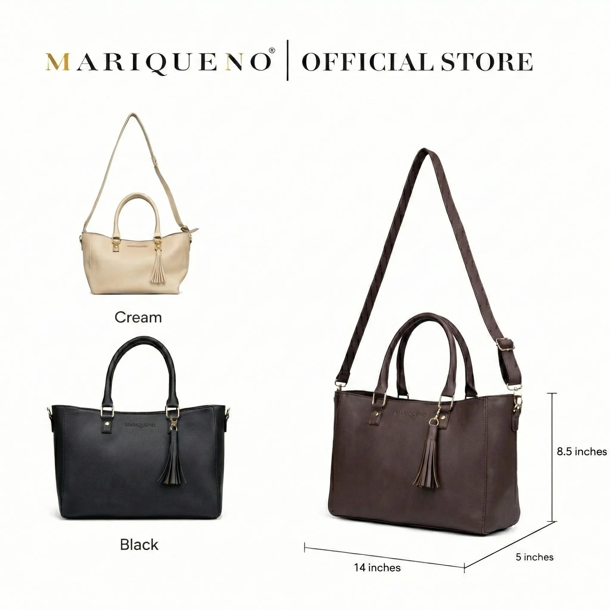 Two handbags, one cream and one brown, with dimensions labeled on a white background. Brand 'Mariqueno' is visible.
#color_choco brown