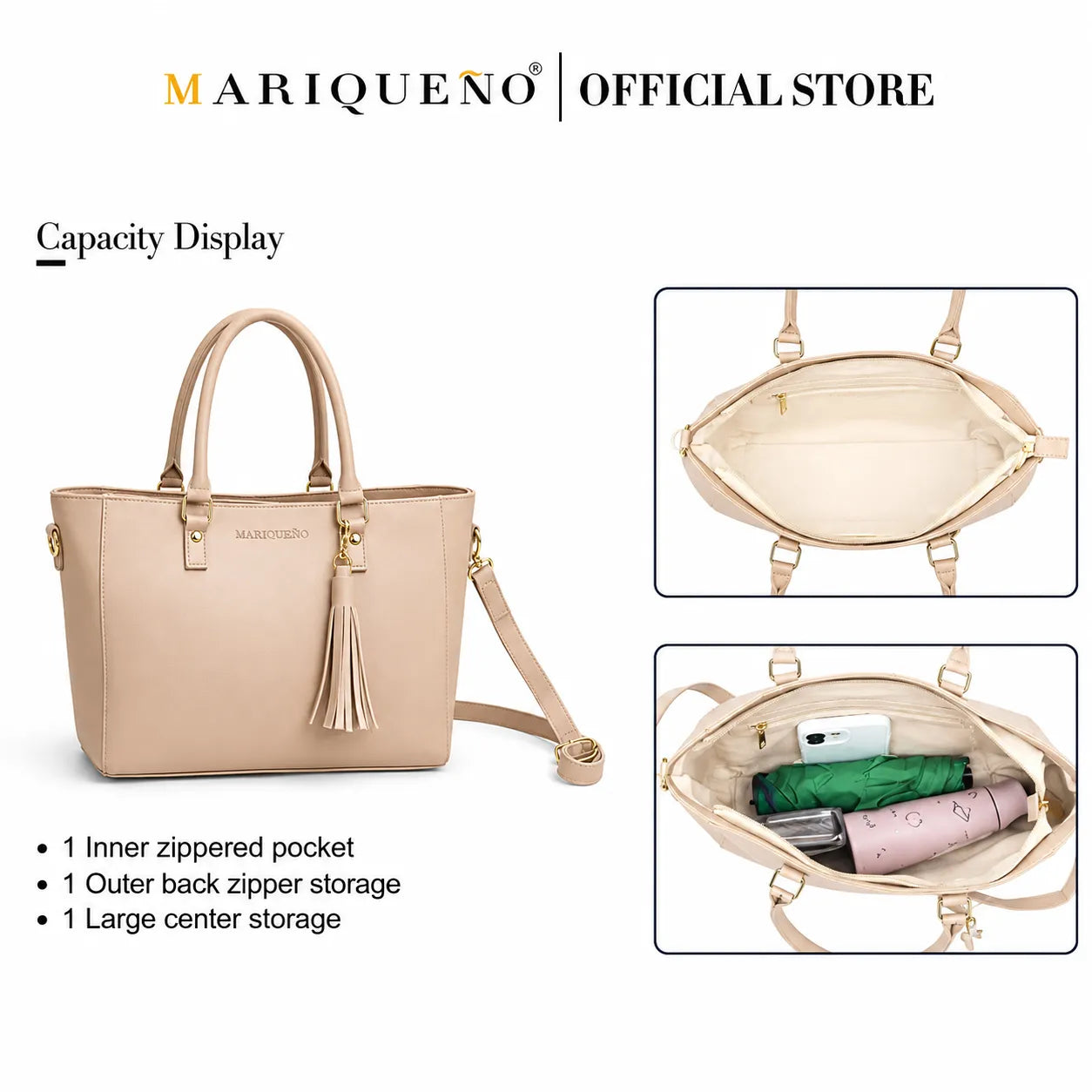 Beige handbag with storage details on a white background, featuring the Marqueeno brand.
#color_cream