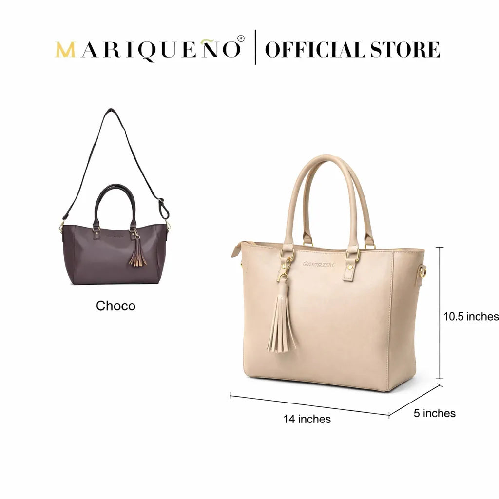 Two handbags, one purple and one beige, with dimensions labeled on a white background. Brand 'Mariqueño' is visible.
#color_cream