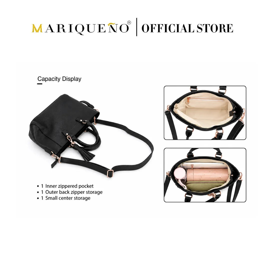 Black handbag with features highlighted, including a capacity display by Mariqueno Official Store.
#color_black