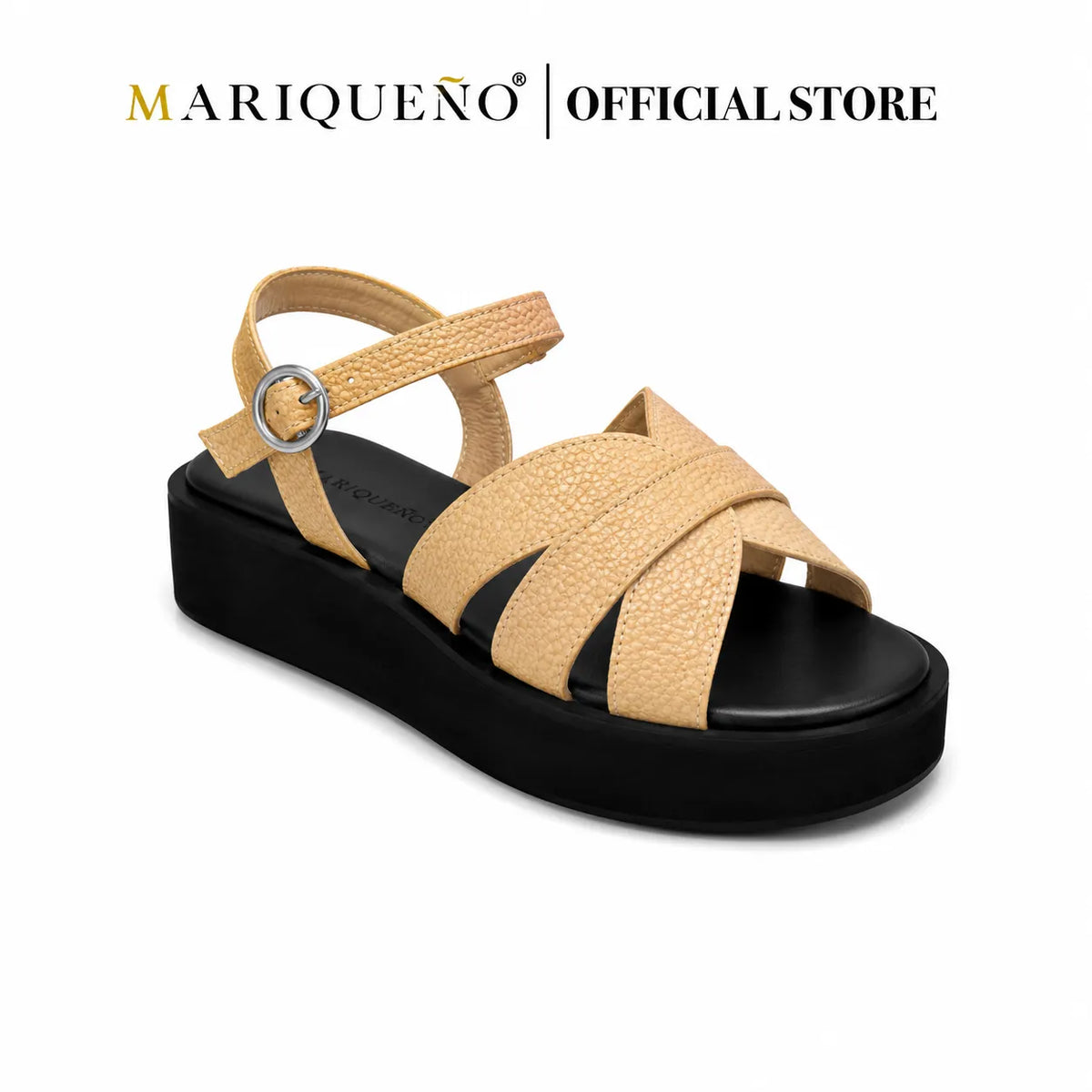 A single Mariqueno platform sandal with textured beige leather straps and a black platform sole, shown on a white background with the 'MARIQUEÑO | OFFICIAL STORE' logo at the top.
#color_beige
