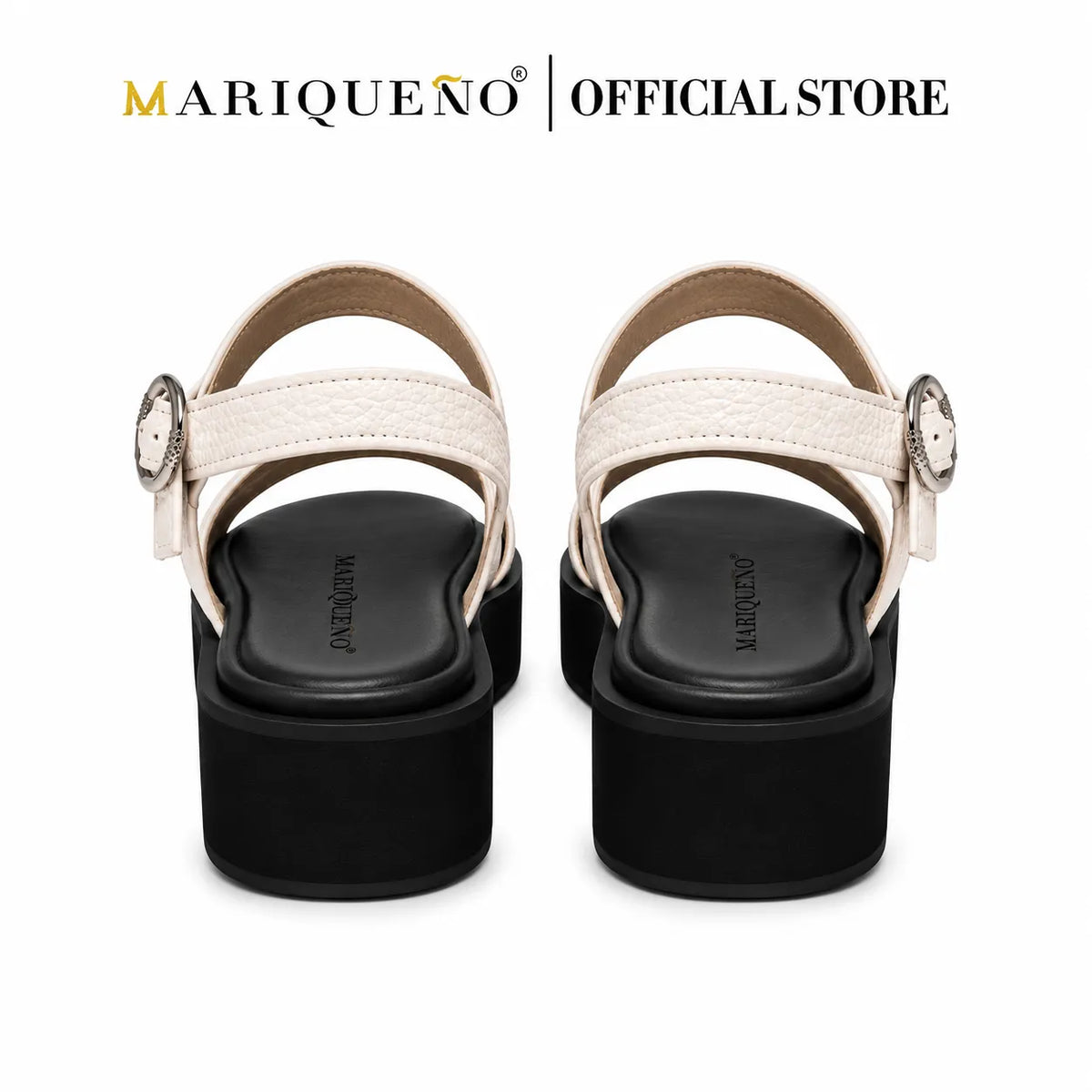 A pair of Mariqueno platform sandals shown from the back, featuring off-white straps with silver buckle details and black platform soles, set against a plain white background with the brand name 'MARIQUENO | OFFICIAL STORE' at the top.
#color_white