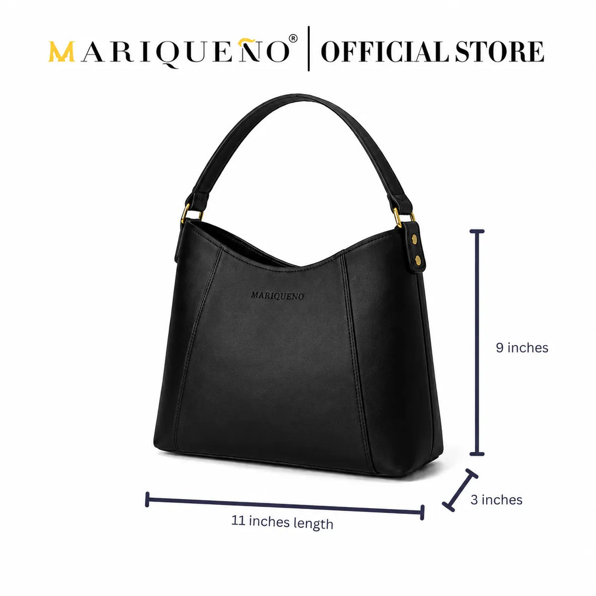 Black handbag with dimensions labeled, featuring the Mariqueno brand.
#color_black