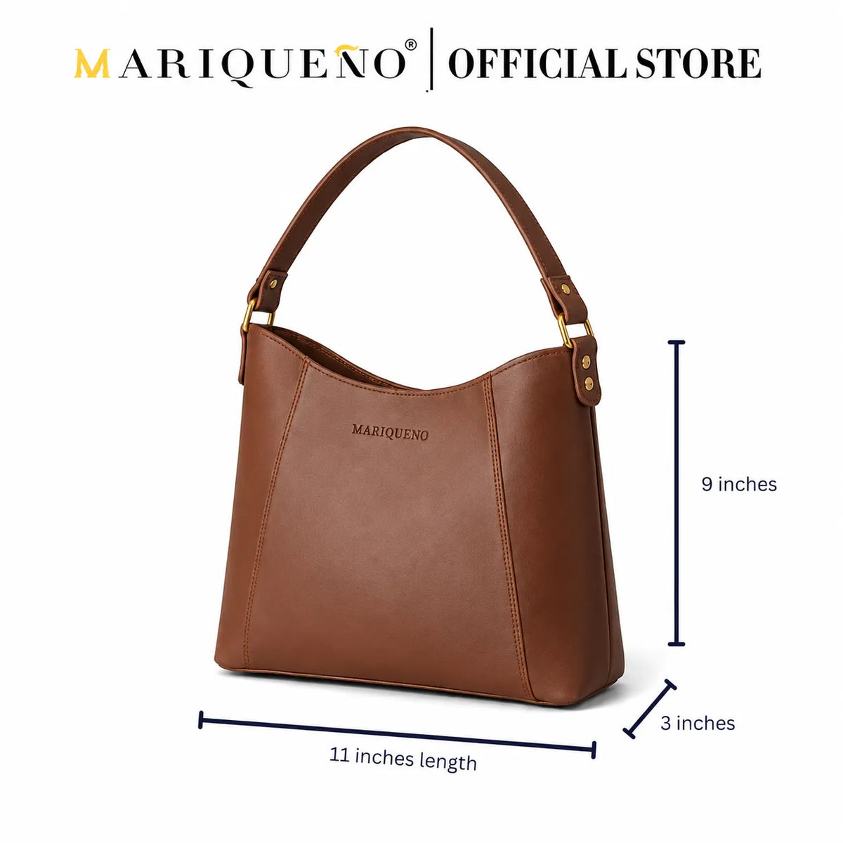 Brown handbag with dimensions labeled, featuring the Marique No brand.
#color_choco brown