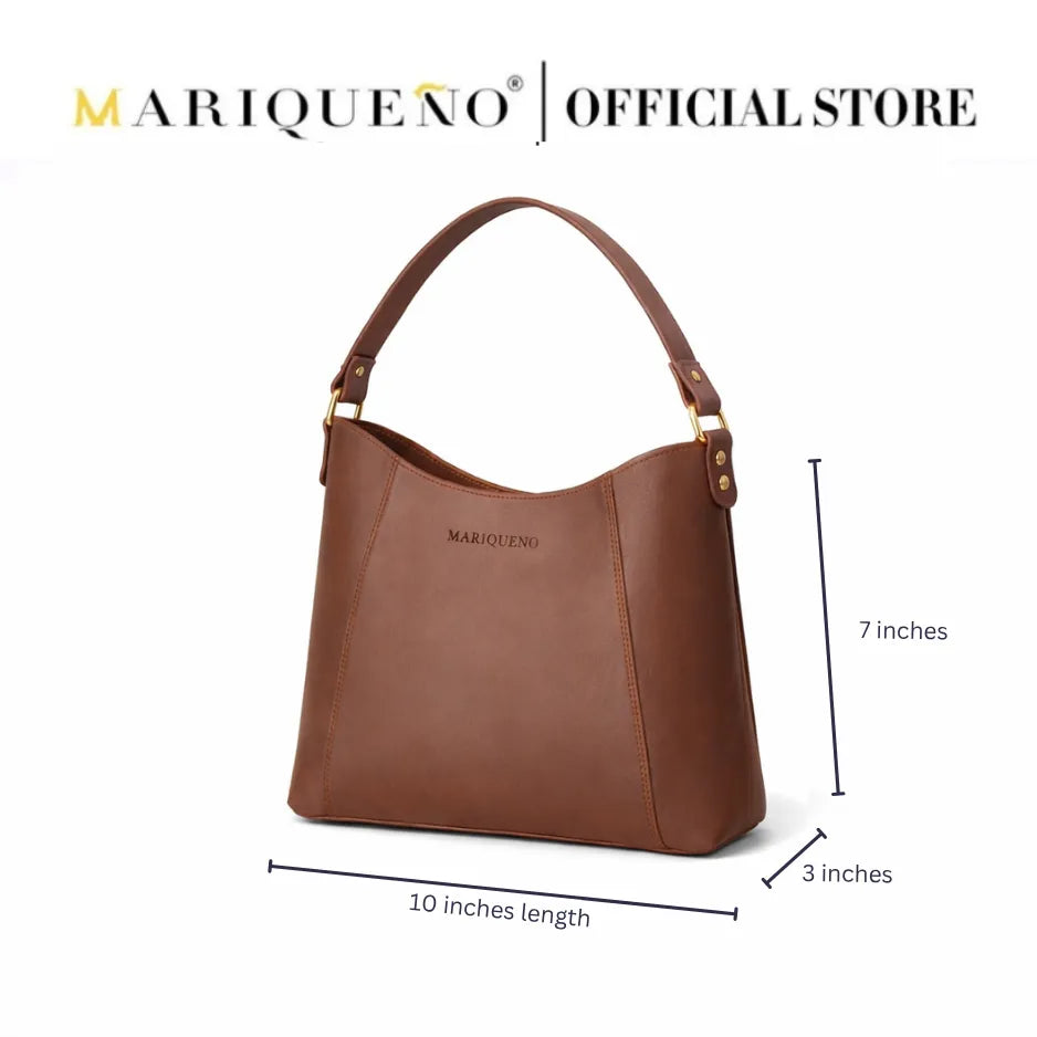 Brown handbag with dimensions labeled, featuring the Marique No brand.
#color_choco brown
