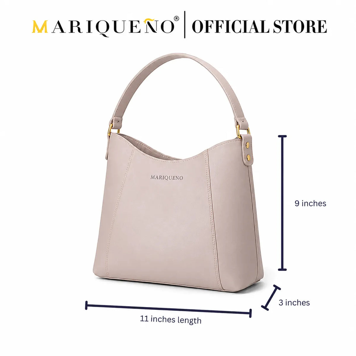 Taupe handbag with dimensions labeled on a white background, featuring the Mariqueno brand.

#color_taupe